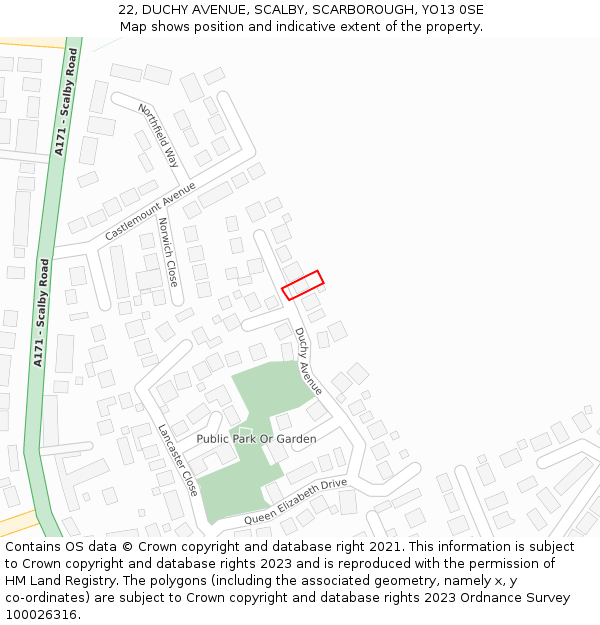 22, DUCHY AVENUE, SCALBY, SCARBOROUGH, YO13 0SE: Location map and indicative extent of plot