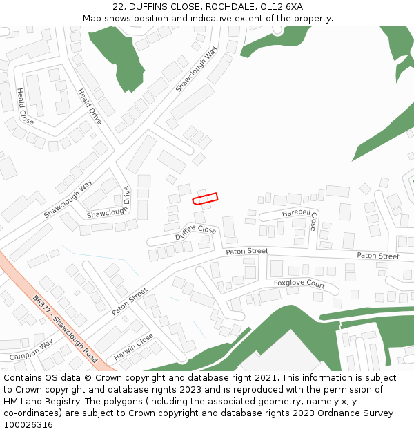 22, DUFFINS CLOSE, ROCHDALE, OL12 6XA: Location map and indicative extent of plot