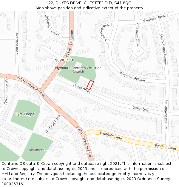 22, DUKES DRIVE, CHESTERFIELD, S41 8QG: Location map and indicative extent of plot