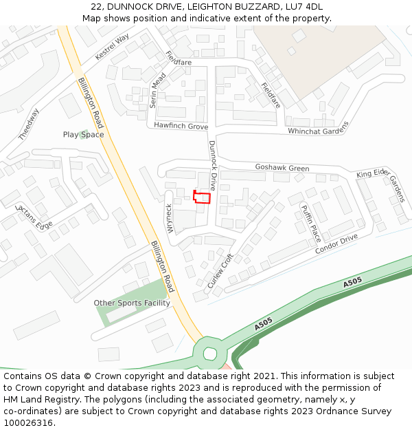 22, DUNNOCK DRIVE, LEIGHTON BUZZARD, LU7 4DL: Location map and indicative extent of plot