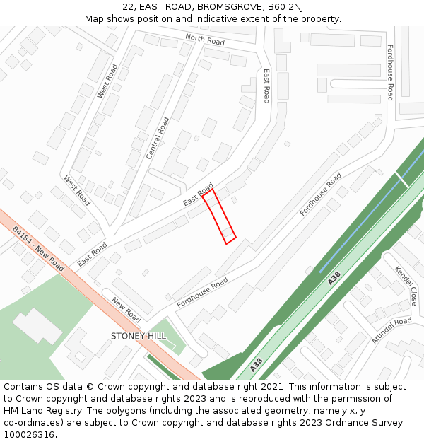 22, EAST ROAD, BROMSGROVE, B60 2NJ: Location map and indicative extent of plot