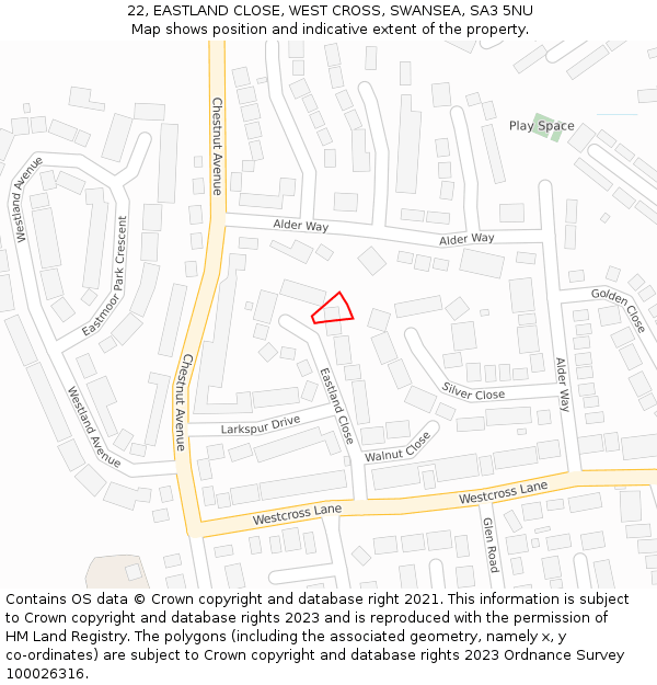 22, EASTLAND CLOSE, WEST CROSS, SWANSEA, SA3 5NU: Location map and indicative extent of plot