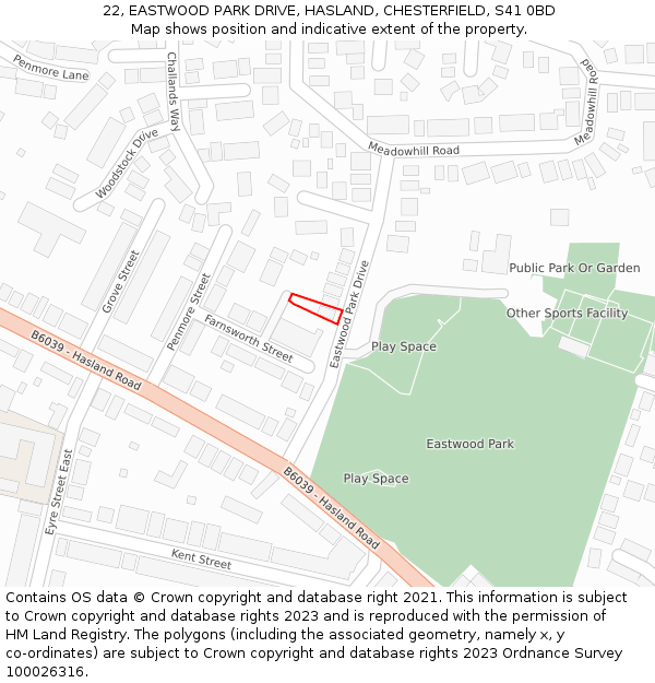 22, EASTWOOD PARK DRIVE, HASLAND, CHESTERFIELD, S41 0BD: Location map and indicative extent of plot