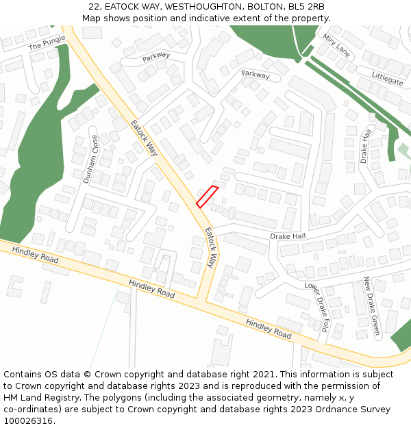 22, EATOCK WAY, WESTHOUGHTON, BOLTON, BL5 2RB: Location map and indicative extent of plot