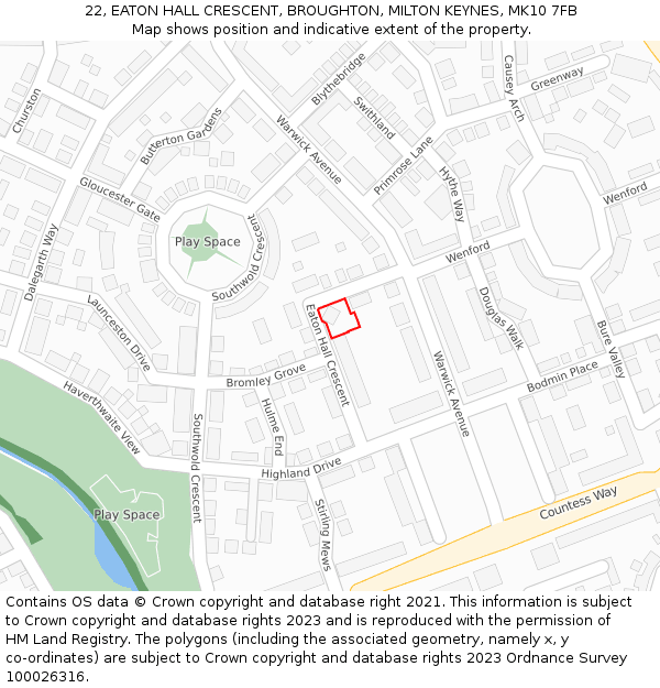 22, EATON HALL CRESCENT, BROUGHTON, MILTON KEYNES, MK10 7FB: Location map and indicative extent of plot