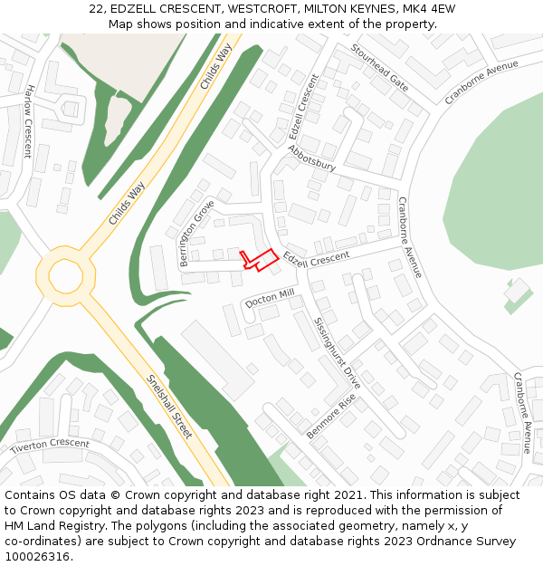 22, EDZELL CRESCENT, WESTCROFT, MILTON KEYNES, MK4 4EW: Location map and indicative extent of plot