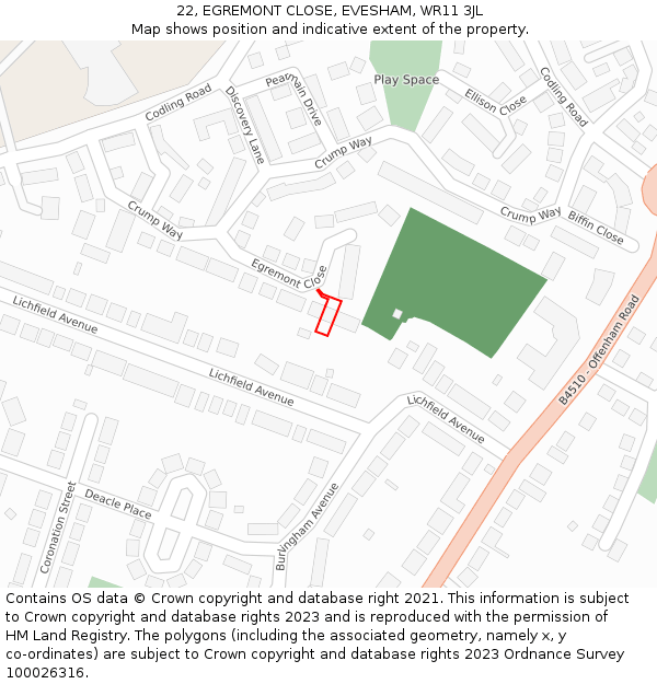 22, EGREMONT CLOSE, EVESHAM, WR11 3JL: Location map and indicative extent of plot