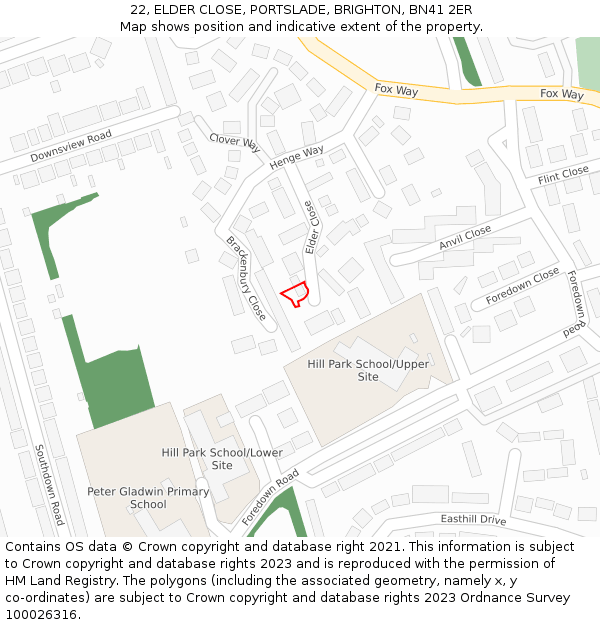 22, ELDER CLOSE, PORTSLADE, BRIGHTON, BN41 2ER: Location map and indicative extent of plot