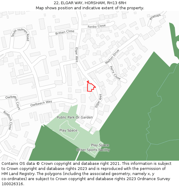 22, ELGAR WAY, HORSHAM, RH13 6RH: Location map and indicative extent of plot