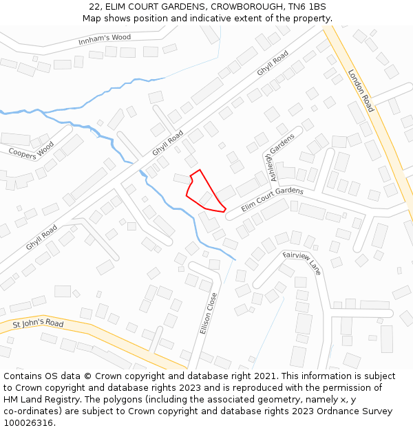 22, ELIM COURT GARDENS, CROWBOROUGH, TN6 1BS: Location map and indicative extent of plot