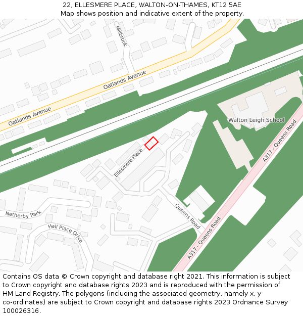 22, ELLESMERE PLACE, WALTON-ON-THAMES, KT12 5AE: Location map and indicative extent of plot