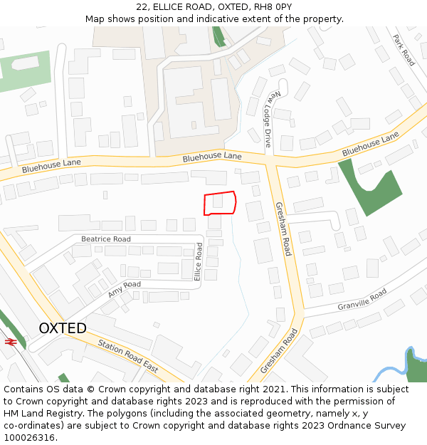 22, ELLICE ROAD, OXTED, RH8 0PY: Location map and indicative extent of plot