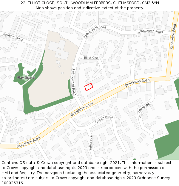 22, ELLIOT CLOSE, SOUTH WOODHAM FERRERS, CHELMSFORD, CM3 5YN: Location map and indicative extent of plot