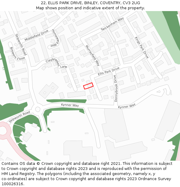 22, ELLIS PARK DRIVE, BINLEY, COVENTRY, CV3 2UG: Location map and indicative extent of plot