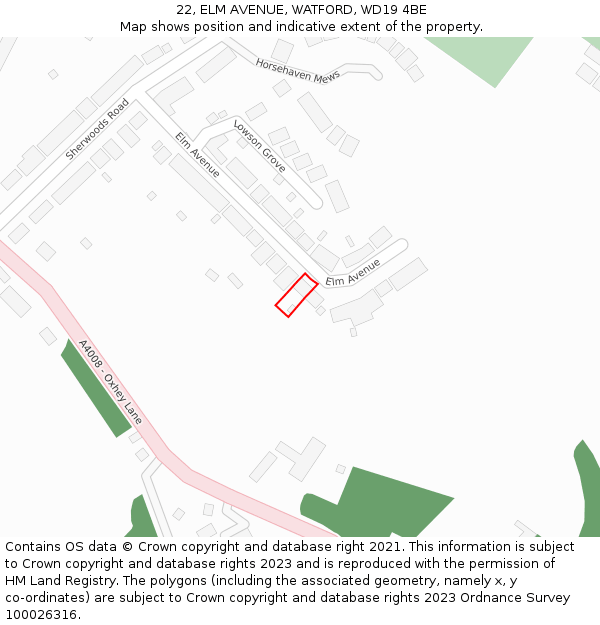 22, ELM AVENUE, WATFORD, WD19 4BE: Location map and indicative extent of plot