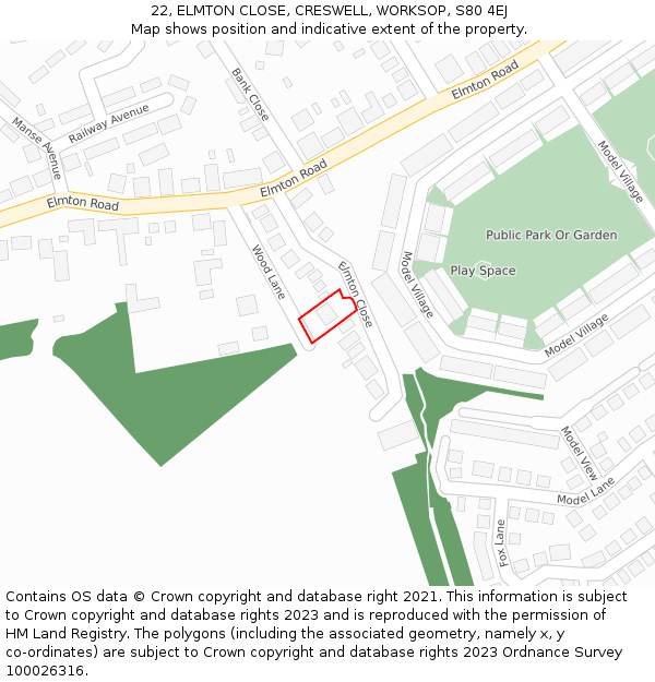 22, ELMTON CLOSE, CRESWELL, WORKSOP, S80 4EJ: Location map and indicative extent of plot