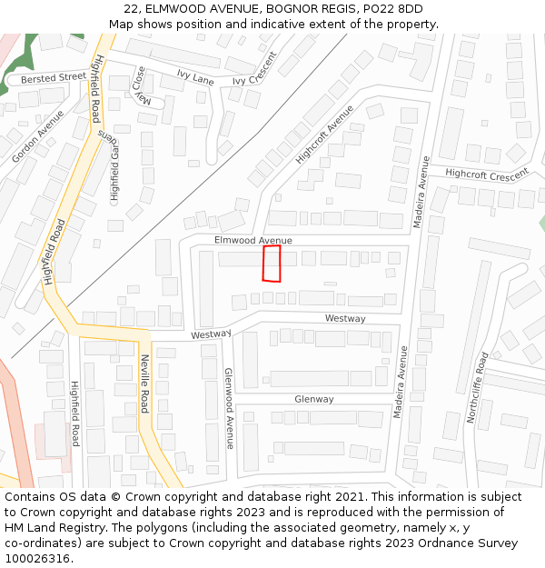 22, ELMWOOD AVENUE, BOGNOR REGIS, PO22 8DD: Location map and indicative extent of plot