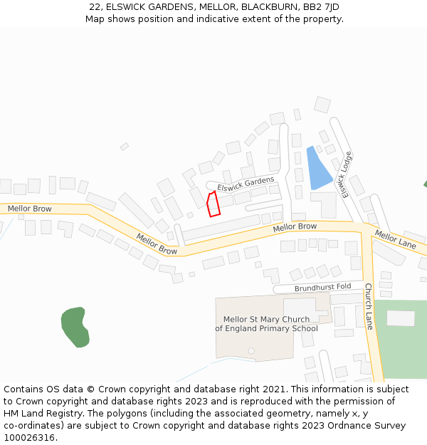 22, ELSWICK GARDENS, MELLOR, BLACKBURN, BB2 7JD: Location map and indicative extent of plot