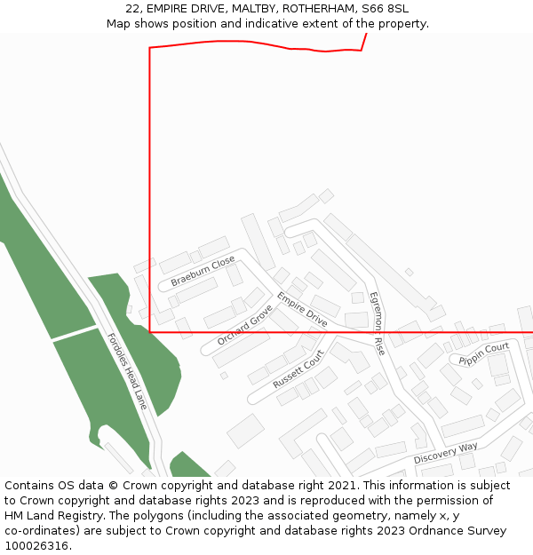 22, EMPIRE DRIVE, MALTBY, ROTHERHAM, S66 8SL: Location map and indicative extent of plot