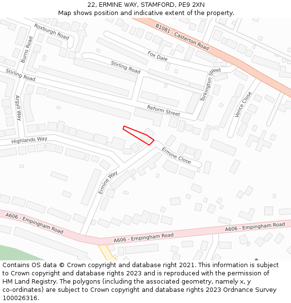 22, ERMINE WAY, STAMFORD, PE9 2XN: Location map and indicative extent of plot