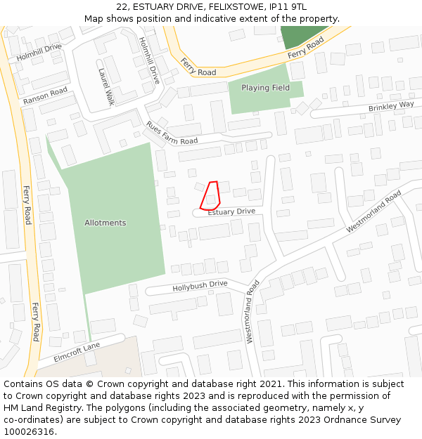 22, ESTUARY DRIVE, FELIXSTOWE, IP11 9TL: Location map and indicative extent of plot