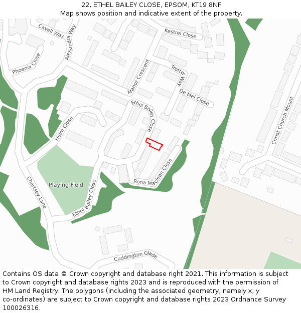 22, ETHEL BAILEY CLOSE, EPSOM, KT19 8NF: Location map and indicative extent of plot