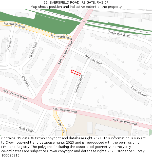 22, EVERSFIELD ROAD, REIGATE, RH2 0PJ: Location map and indicative extent of plot