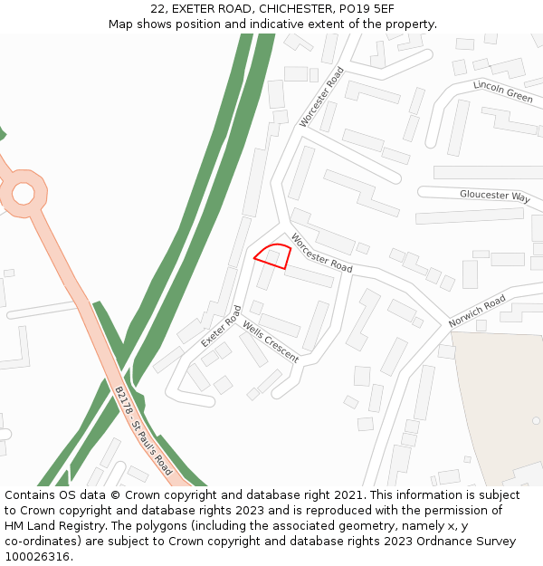 22, EXETER ROAD, CHICHESTER, PO19 5EF: Location map and indicative extent of plot