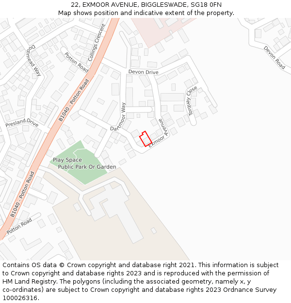 22, EXMOOR AVENUE, BIGGLESWADE, SG18 0FN: Location map and indicative extent of plot