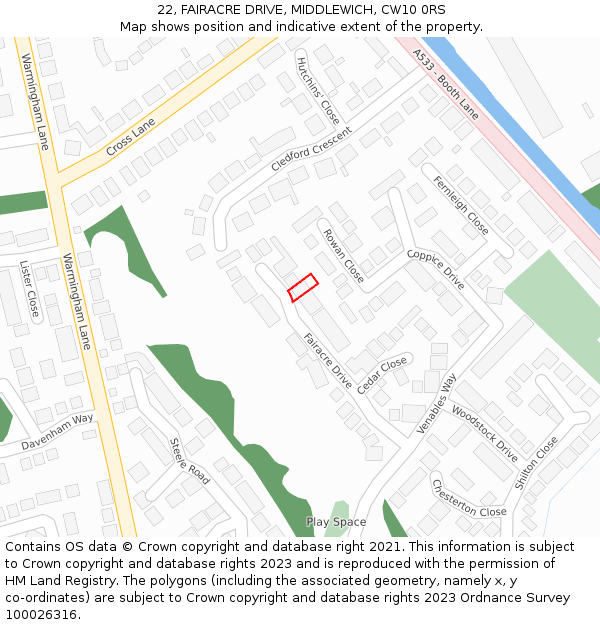 22, FAIRACRE DRIVE, MIDDLEWICH, CW10 0RS: Location map and indicative extent of plot