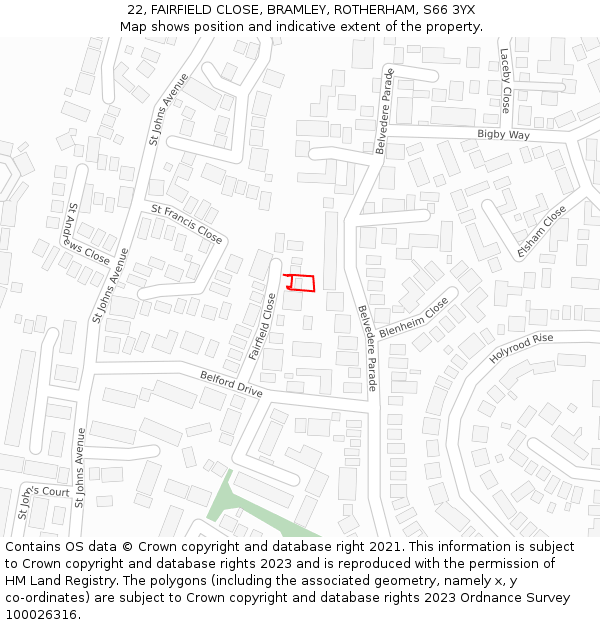 22, FAIRFIELD CLOSE, BRAMLEY, ROTHERHAM, S66 3YX: Location map and indicative extent of plot