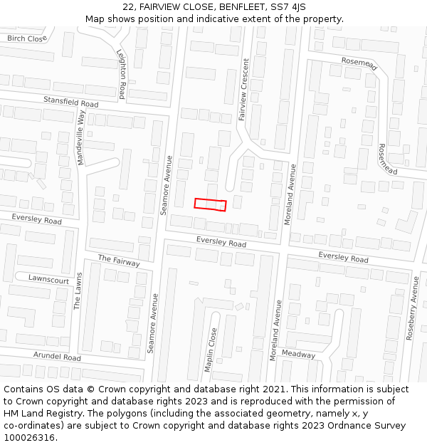 22, FAIRVIEW CLOSE, BENFLEET, SS7 4JS: Location map and indicative extent of plot