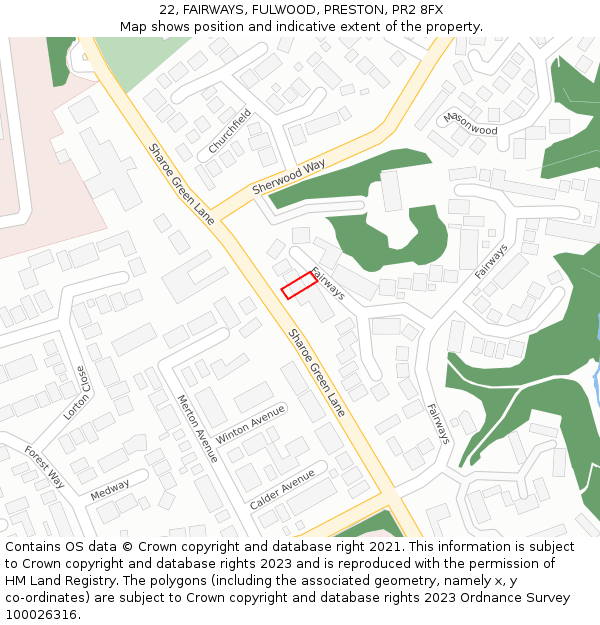 22, FAIRWAYS, FULWOOD, PRESTON, PR2 8FX: Location map and indicative extent of plot