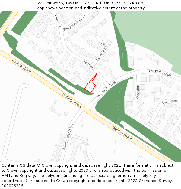 22, FAIRWAYS, TWO MILE ASH, MILTON KEYNES, MK8 8AJ: Location map and indicative extent of plot