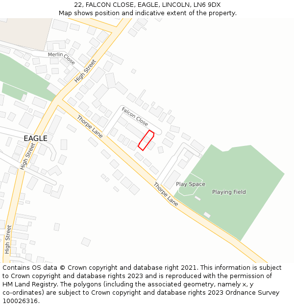 22, FALCON CLOSE, EAGLE, LINCOLN, LN6 9DX: Location map and indicative extent of plot