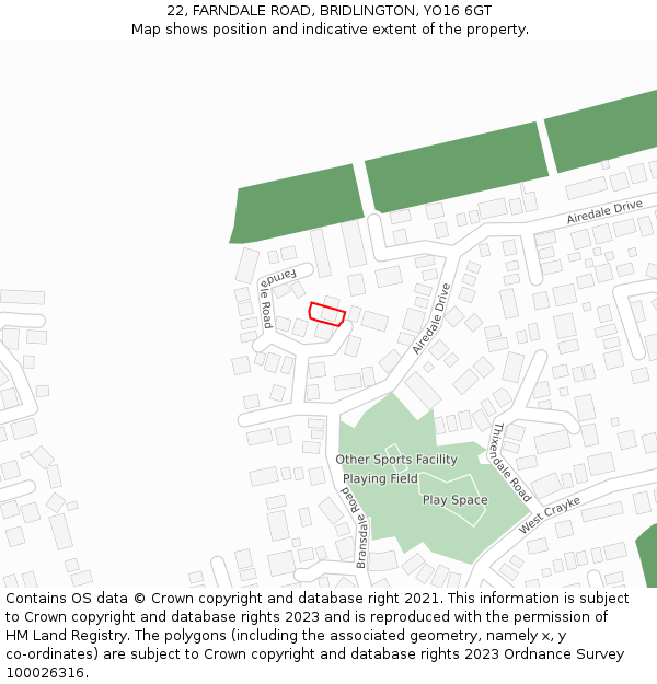 22, FARNDALE ROAD, BRIDLINGTON, YO16 6GT: Location map and indicative extent of plot