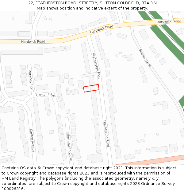 22, FEATHERSTON ROAD, STREETLY, SUTTON COLDFIELD, B74 3JN: Location map and indicative extent of plot