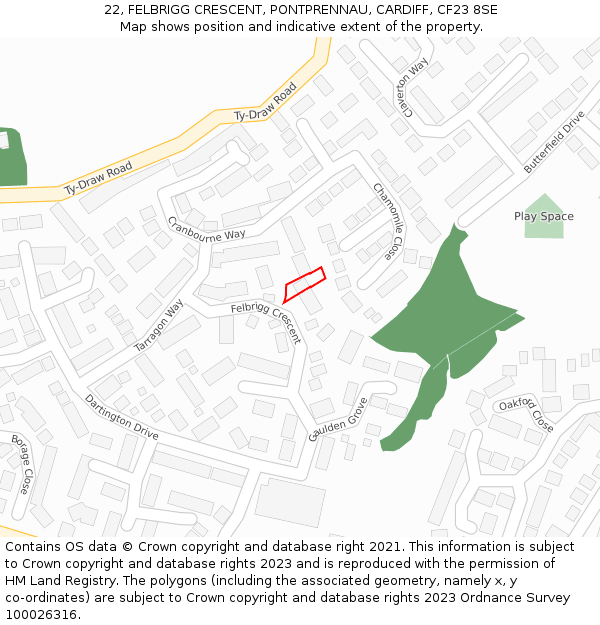 22, FELBRIGG CRESCENT, PONTPRENNAU, CARDIFF, CF23 8SE: Location map and indicative extent of plot