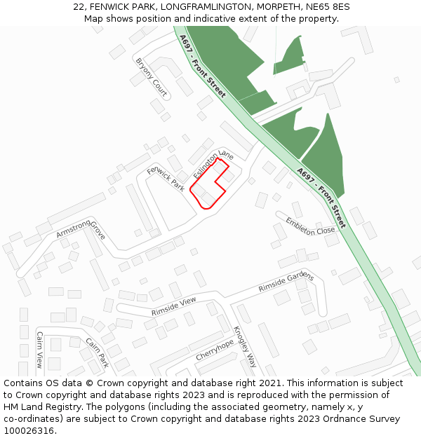 22, FENWICK PARK, LONGFRAMLINGTON, MORPETH, NE65 8ES: Location map and indicative extent of plot
