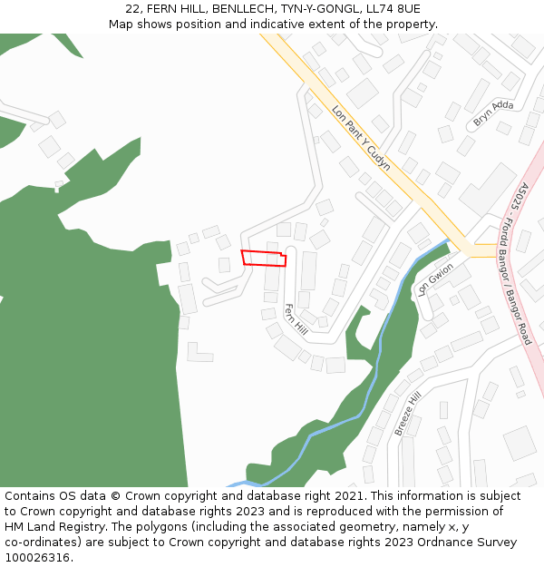 22, FERN HILL, BENLLECH, TYN-Y-GONGL, LL74 8UE: Location map and indicative extent of plot