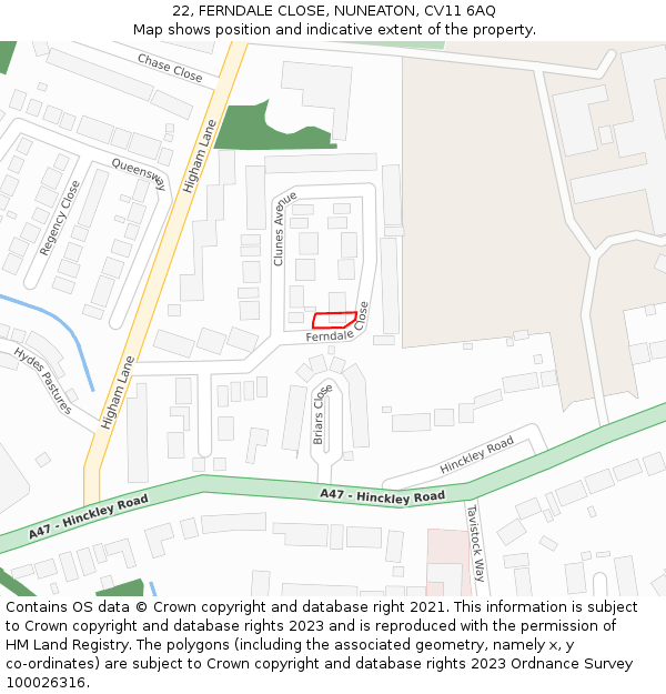 22, FERNDALE CLOSE, NUNEATON, CV11 6AQ: Location map and indicative extent of plot