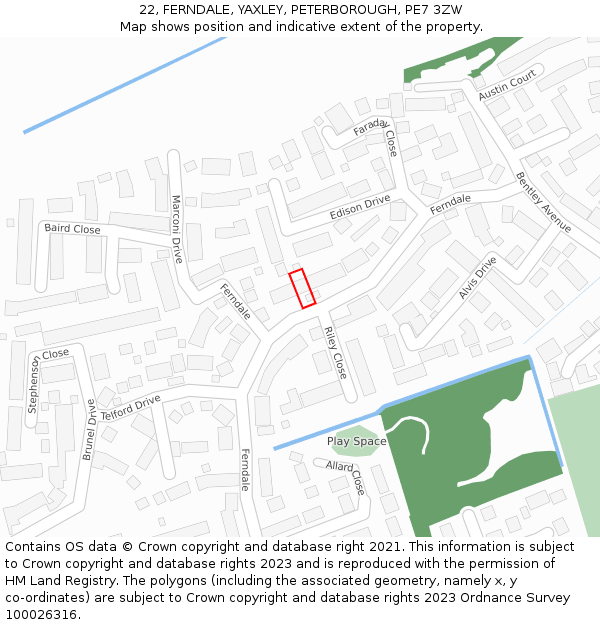 22, FERNDALE, YAXLEY, PETERBOROUGH, PE7 3ZW: Location map and indicative extent of plot