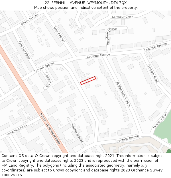 22, FERNHILL AVENUE, WEYMOUTH, DT4 7QX: Location map and indicative extent of plot