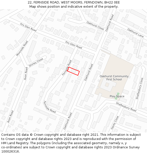 22, FERNSIDE ROAD, WEST MOORS, FERNDOWN, BH22 0EE: Location map and indicative extent of plot