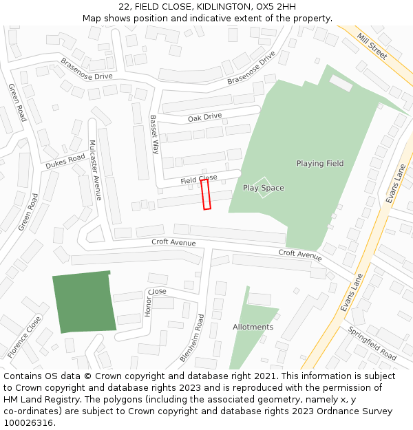 22, FIELD CLOSE, KIDLINGTON, OX5 2HH: Location map and indicative extent of plot