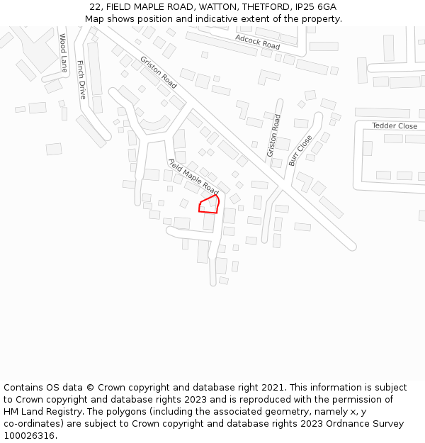 22, FIELD MAPLE ROAD, WATTON, THETFORD, IP25 6GA: Location map and indicative extent of plot