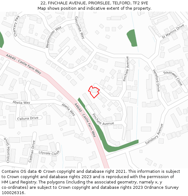 22, FINCHALE AVENUE, PRIORSLEE, TELFORD, TF2 9YE: Location map and indicative extent of plot