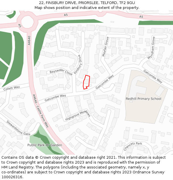 22, FINSBURY DRIVE, PRIORSLEE, TELFORD, TF2 9GU: Location map and indicative extent of plot