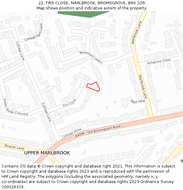 22, FIRS CLOSE, MARLBROOK, BROMSGROVE, B60 1DR: Location map and indicative extent of plot