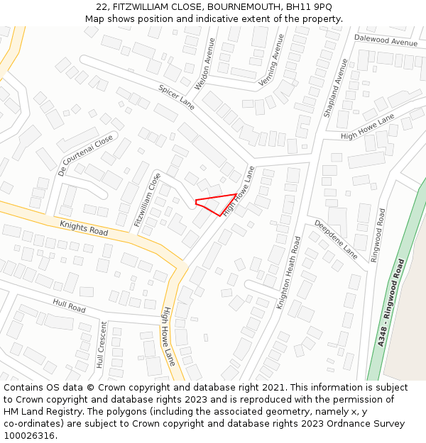 22, FITZWILLIAM CLOSE, BOURNEMOUTH, BH11 9PQ: Location map and indicative extent of plot